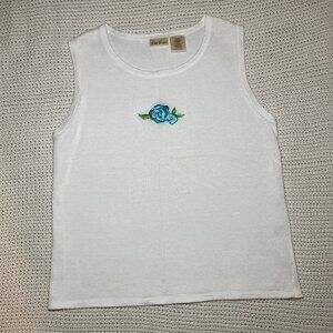 Bobbie Brooks White Knit Embroidered Flower Tank Top Womens Medium Cottage Fairy